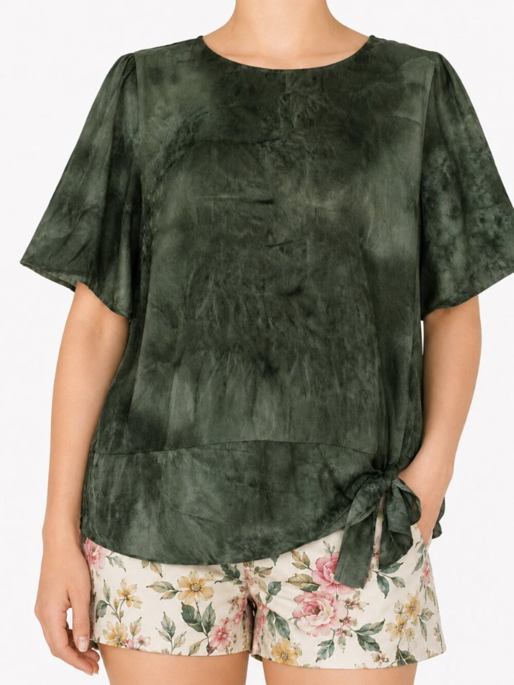 Vera Wang Large 12 14 Moss Green Mottled Print Pullover Side Tie Hem Top
